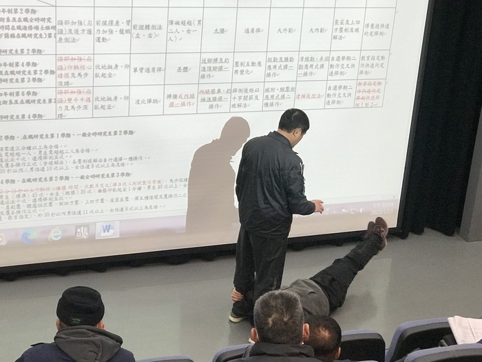 陳盈龍教官與教官們共同研討及修訂柔道檢測進度內容
